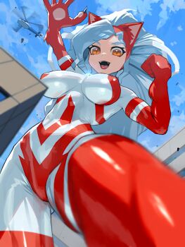 aircraft animal_ears animal_hands blue_hair blue_sky bodysuit breasts capcom cat_ears cat_paws cosplay felicia_(darkstalkers) giant giantess helicopter large_breasts medium_breasts monster_girl nikunopengin parody skin_tight sky slit_pupils tsuburaya_productions ultra_series ultraman ultraman_(1st_series) ultraman_(cosplay) darkstalkers yellow_eyes