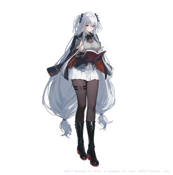 1girl absurdres azur_lane black_boots black_gloves black_jacket black_pantyhose blue_eyes book boots breasts closed_mouth collared_shirt commentary elbing_(azur_lane) elbow_gloves full_body gloves grey_hair heterochromia highres holding holding_book jacket jacket_on_shoulders kikimi knee_boots large_breasts long_hair looking_at_viewer official_art pantyhose red_eyes shirt sideboob simple_background skirt sleeveless sleeveless_shirt solo standing two_side_up very_long_hair white_background white_skirt