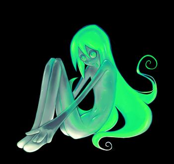 androgynous black_background bloopy colored_skin commentary english_commentary green_eyes green_hair hand_on_own_foot highres long_bangs long_legs navel no_eyebrows original ringed_eyes silver_skin simple_background sitting skinny surreal