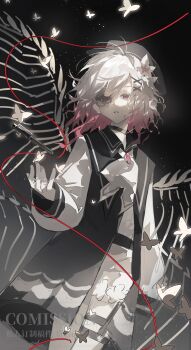 1girl absurdres artist_request beret black_dress black_hat bug butterfly chinese_commentary commentary_request corruption cowboy_shot dress expressionless flower glowing gradient_background gradient_hair hair_flower hair_ornament hat hat_flower highres insect light_particles long_sleeves looking_at_viewer mahou_shoujo_no_majo_saiban multicolored_hair o-ring o-ring_thigh_strap object_floating_above_hand pale_skin parted_lips pen pink_eyes pink_hair sakuraba_ema second-party_source short_hair skeletal_wings solo spoilers standing string string_of_fate thigh_strap white_flower wings witch_(manosaba) x_hair_ornament