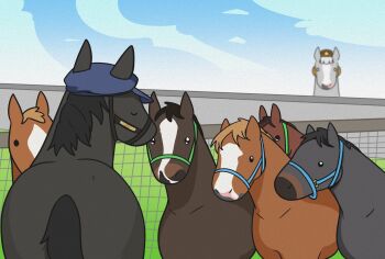 Rule 34 | animal focus, closed eyes, facing another, fence, fenomeno (racehorse), gold ship (racehorse), gold ship (umamusume), highres, horse, japanese text, looking at another, no humans, outdoors, photo-referenced, real life, roaring dogx, translation request, umamusume