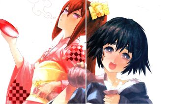 2girls absurdres alcohol black_hair blowing_smoke blue_eyes blue_kimono blush bottle checkered_clothes checkered_kimono cup drunk hair_between_eyes head_tilt highres holding holding_bottle holding_cup huke japanese_clothes kimono makise_kurisu multiple_girls non-web_source official_art open_mouth pink_eyes pink_kimono ponytail red_hair sakazuki sake sash science_adventure shiina_mayuri short_hair steins;gate time_machine tokkuri upa_(steins;gate) white_background white_juban yellow_sash