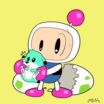 Rule 34 | + +, 0322inuyama, 2025, antennae, baby, bomberman, commentary, cracked egg, egg, gloves, highres, no humans, pink gloves, pink shoes, robot, rui (bomberman), shoes, signature, untranslatable commentary, white bomberman, yellow background