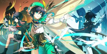 2boys absurdres androgynous aqua_eyes aqua_hair arrow_(projectile) barbatos_(genshin_impact) bard beret bird black_hair braid cape cecilia_flower_(genshin_impact) collared_cape corset dove dual_persona flashback flower genshin_impact gradient_hair green_cape green_hat green_shorts hat hat_flower highres instrument lyre magicrabbit49586 male_focus multicolored_hair multiple_boys nameless_bard_(genshin_impact) short_hair_with_long_locks shorts side_braids statue_of_the_seven twin_braids venti_(genshin_impact) vision_(genshin_impact) white_flower