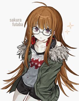 1girl ahoge black-framed_eyewear black_shorts black_tank_top blunt_bangs character_name commentary cowboy_shot dutch_angle from_above fur-trimmed_jacket fur_trim glasses hands_in_pockets hashtag-only_commentary headphones headphones_around_neck highres jacket jacket_partially_removed long_hair looking_at_viewer off-shoulder_shirt off_shoulder orange_hair parted_lips persona persona_5 purple_eyes sakura_futaba shirt short_shorts shorts sidelocks simple_background solo sparkle tank_top white_background white_shirt xyurux0