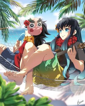 2boys alternate_costume aqua_eyes aqua_hair barefoot beach black_hair black_shirt black_shorts closed_mouth feet flower food gradient_hair green_shorts hana_ni_nare highres holding holding_food holding_instrument holding_popsicle holding_ukulele instrument kimetsu_no_yaiba kotetsu_(kimetsu_no_yaiba) long_hair male_focus mask mask_on_head multicolored_hair multicolored_shorts multiple_boys net ocean popsicle red_shirt shirt shorts smile toes tokitou_muichirou two-tone_hair ukulele yellow_shorts