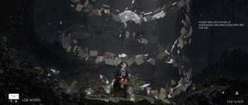 2girls 3d absurdres black_hair black_halo black_shoes black_socks blue_sailor_collar blue_serafuku blue_shirt blue_skirt book closed_mouth commentary_request double-parted_bangs english_text expressionless floating floating_object flower foliage full_body ghost glass_jar glint grass grey_eyes halo highres holding holding_book kneehighs letter long_sleeves looking_up midair multiple_girls neckerchief night open_book original outdoors paper phonograph pile_of_books ruins sailor_collar school_uniform serafuku shirt shoes short_hair sitting skirt socks spotlight vanish_(pixiv_111424881) white_flower white_neckerchief