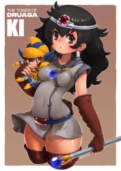 Rule 34 | 1girl, :o, belt, black hair, blue belt, blue gemstone, blush, breasts, brown background, brown eyes, brown gloves, character doll, character name, circlet, commentary request, copyright name, cowboy shot, cropped legs, dress, druaga no tou, earrings, fingerless gloves, gem, gilgamesh (druaga), gloves, grey dress, highres, holding, holding staff, impossible clothes, impossible dress, jewelry, kainan, ki (druaga), long hair, looking at viewer, medium bangs, necklace, open mouth, red gemstone, short dress, simple background, small breasts, solo, staff, v-shaped eyebrows