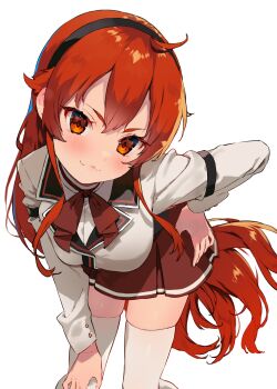 Rule 34 | 1girl, :3, absurdres, black hairband, blush, breasts, collared shirt, eris greyrat, feet out of frame, hair between eyes, hairband, hand on own hip, hand on own knee, highres, large breasts, leaning forward, long hair, looking at viewer, mokkori, mushoku tensei, ranoa magic academy school uniform, red eyes, red hair, red skirt, school uniform, shirt, simple background, skirt, smile, solo, thighhighs, very long hair, white background, white shirt, white thighhighs