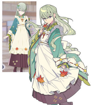 1girl alternate_costume apron arm_at_side autumn_leaves brown_skirt closed_mouth commentary cosplay feet_out_of_frame frilled_apron frills from_side full_body game_screenshot_inset green_hair green_kimono hair_between_eyes hakama hakama_skirt hand_up hinomori_shiho hinomori_shiho_(cosplay) holding holding_leaf japanese_clothes kimono kusanagi_nene leaf leaf_print long_hair long_sleeves looking_at_viewer maid maid_apron maple_leaf maple_leaf_print mata_konoha_no_irozuku_koro_ni_(project_sekai) official_alternate_costume omoi_wo_nosete!_dream_stage_(project_sekai) outline project_sekai purple_eyes reference_inset screenshot_inset sidelocks simple_background skirt solo standing turning_head untranslatable_commentary very_long_hair wa_maid walking white_apron white_background white_outline wide_sleeves xiao_sui_shi_zhi_lang