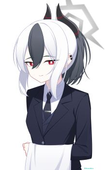 1girl absurdres alternate_costume black_hair black_horns black_jacket black_necktie black_suit blue_archive butler commentary demon_horns dress_shirt ear_piercing earclip female_butler formal_clothes glint grey_halo hair_between_eyes halo highres horns jacket kayoko_(blue_archive) light_smile looking_at_viewer multicolored_hair necktie piercing ponytail red_eyes shirt siranui_desu solo suit suit_jacket tie_clip two-tone_hair upper_body white_background white_hair white_shirt