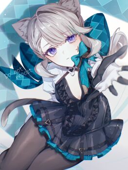 1girl animal_ears black_gloves black_pantyhose bow breasts cat_ears cat_girl commentary expressionless facial_mark genshin_impact gloves grey_background grey_hair highres karamaru626 long_sleeves looking_at_viewer lynette_(genshin_impact) pantyhose purple_eyes simple_background solo star_(symbol) star_facial_mark two-tone_gloves white_gloves