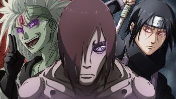 3boys black_gloves black_headband brown_hair colored_skin commentary crying emaciated english_commentary evil_smile forehead_protector frown gloves green_skin hair_over_one_eye headband highres holding holding_sword holding_weapon konohagakure_symbol long_hair making-of_available male_focus mikeyuubi multiple_boys nagato_(naruto) naruto_(series) naruto_shippuuden open_mouth purple_eyes rain red_eyes rinne_sharingan rinnegan sharingan smile streaming_tears sword tears third_eye uchiha_itachi uchiha_madara uchiha_madara_(juubi_jinchuriki) v-shaped_eyebrows weapon white_hair