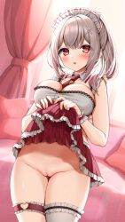 Rule 34 | 1girl, absurdres, blush, breasts, bridal garter, clothes lift, curtains, hair ornament, hairclip, highres, indie virtual youtuber, indoors, large breasts, looking at viewer, maid headdress, motage illust, no panties, pussy, red eyes, second-party source, skirt, skirt lift, solo, tenka dolce, thighs, virtual youtuber, white hair