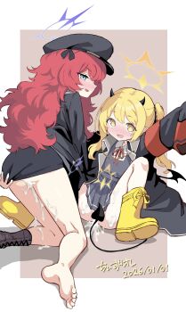 absurdres armband black_horns black_shirt blonde_hair blue_archive blue_halo blush boots brown_background chiizu_ore cum cum_on_body cum_on_legs demon_horns demon_tail demon_wings dress fluffy_hair grey_eyes halo hat highres horns ibuki_(blue_archive) iroha_(blue_archive) loli long_hair looking_at_viewer looking_back miniskirt peaked_cap pinafore_dress red_armband red_hair shirt single_bare_foot skirt sleeveless sleeveless_dress sleeves_past_fingers sleeves_past_wrists spread_legs tail wings yellow_boots yellow_halo