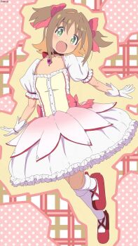 1girl :d artist_name bambi2000line bow brown_hair bubble_skirt choker collarbone colored_inner_hair commentary cosplay diamond-shaped_pupils diamond_(shape) fang frills full_body gloves green_eyes hair_bow hair_intakes highres kaname_madoka kaname_madoka_(cosplay) kneehighs looking_at_viewer magical_girl mahou_shoujo_madoka_magica medium_hair multicolored_hair oka_asahi onii-chan_wa_oshimai! open_mouth orange_hair puffy_short_sleeves puffy_sleeves red_bow red_choker red_shoes school_uniform shoes short_sleeves skirt smile socks solo soul_gem symbol-shaped_pupils two-tone_hair white_gloves white_socks