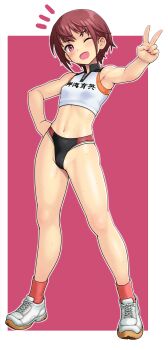 1girl alice_gear_aegis breasts brown_hair commentary_request full_body highres himukai_rin looking_at_viewer navel one_eye_closed open_mouth pink_eyes shoes short_hair small_breasts smile sneakers solo sports_bikini sweat tkgoishi v