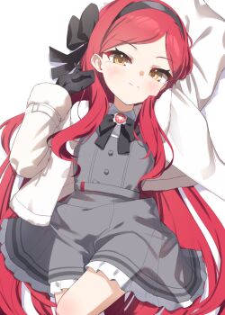 1girl black_gloves black_hairband blue_archive closed_mouth collared_shirt commentary dress flat_chest frilled_dress frills gloves grey_dress hairband jacket long_hair long_sleeves looking_at_viewer lying monyosato on_back parted_bangs pinafore_dress red_hair shirt sleeveless sleeveless_dress smile solo split_mouth takane_(blue_archive) very_long_hair white_jacket white_shirt yellow_eyes