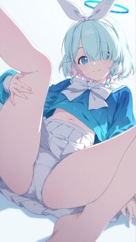 1girl arona_(blue_archive) bare_legs barefoot blue_archive blue_eyes blue_hair blue_halo bow braid breasts closed_mouth colored_inner_hair commentary dot_nose english_commentary eyes_visible_through_hair feet hair_between_eyes hair_over_one_eye hair_ribbon hairband halo highres leg_up light_blush loli long_sleeves looking_at_viewer lying maowxa midriff multicolored_hair navel neckerchief on_back panties pantyshot pink_hair pleated_skirt ribbon sailor_collar school_uniform serafuku shirt short_hair simple_background single_braid skirt small_breasts smile solo split_mouth spread_legs thighs underwear white_background white_hairband white_neckerchief white_ribbon white_sailor_collar white_skirt