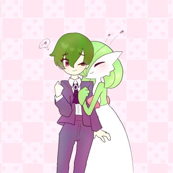 1girl 1other androgynous arm_at_side arm_hug ascot blush bob_cut brooch checkered_background closed_mouth collared_shirt colored_skin flat_chest flat_color gardevoir gen_3_pokemon green_hair green_skin hair_between_eyes hair_over_one_eye hand_up happy heart heart_background highres interspecies jacket jewelry long_sleeves looking_at_another looking_to_the_side multicolored_skin nintendo one_eye_closed one_eye_covered open_clothes open_jacket original pants pink_background pokemon pokemon_(creature) pokemon_legends:_z-a purple_ascot purple_jacket purple_pants raised_eyebrows red_eyes shirt shirt_tucked_in short_hair sideways_glance smile standing two-tone_skin white_shirt white_skin yuri_(fl0werspace)
