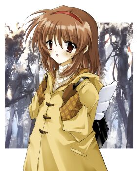 Rule 34 | 1girl, :d, backpack, bag, blush, brown coat, brown hair, brown mittens, coat, forest, hair between eyes, hairband, highres, hood, hood down, hooded coat, kanon, long sleeves, looking at viewer, mittens, nature, open mouth, red eyes, red hairband, short hair, smile, solo, sweater, takanashi (takanya shi), tsukimiya ayu, turtleneck, turtleneck sweater, white sweater, wings