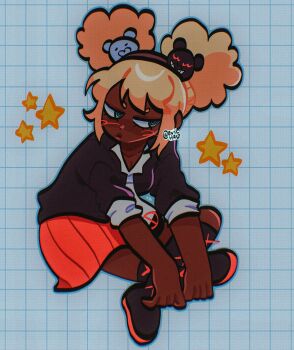 Rule 34 | 1girl, afro puffs, aqua eyes, bear hair ornament, black boots, black shirt, blonde hair, blush, boots, breasts, brown hairband, cleavage, closed mouth, collarbone, commentary, cosplay, crossed legs, danganronpa (series), danganronpa another episode: ultra despair girls, dark-skinned female, dark skin, english commentary, enoshima junko, enoshima junko (cosplay), full body, grid background, hair ornament, hairband, haylsketches, highres, lips, necktie, no symbol, red skirt, redrawn, ringed eyes, second generation enoshima, shirt, sitting, skirt, solo, star (symbol), very dark skin