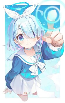 1girl arm_up arona_(blue_archive) blue_archive blue_background blue_eyes blue_hair blue_halo blue_serafuku blurry blush border bow bow_hairband bowtie braid choker circle collarbone colored_inner_hair commentary cropped_legs depth_of_field flying_paper from_above hair_over_one_eye hairband halo highres ika_(4801055) index_finger_raised long_sleeves looking_at_viewer miniskirt multicolored_hair outside_border paper pink_hair pointing pointing_at_viewer puffy_long_sleeves puffy_sleeves sailor_collar school_uniform serafuku short_hair single_braid skirt smile split_mouth square triangle two-tone_background two-tone_hair white_background white_border white_bow white_bowtie white_choker white_hairband white_sailor_collar white_skirt x_(symbol)