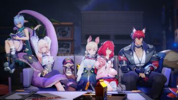 1boy 3d 4girls absurdres alice_thymefield animal_ears arms_up artist_name asymmetrical_shorts bare_shoulders black_choker black_hat black_jacket black_unitard blonde_hair blue_hair book braid braided_twintails breasts cardigan choker couch cushion detached_sleeves dog_boy dog_ears goat goat_horns green_eyes hair_ornament hand_on_own_face hat heterochromia high-waist_shorts highres holding holding_book horns indoors jacket kokomils komano_manato large_breasts long_hair looking_at_viewer loose_thighhigh low_twin_braids low_twintails lucia_elowen mihoyo monster_girl multicolored_hair multiple_girls muscular muscular_male octopus on_couch pectorals pink_cardigan pointy_ears rabbit_ears rabbit_girl raccoon reading red_bandage red_eyes red_hair scar scar_on_chest scared shirt short_hair shorts sitting smile sphere_hair_ornament spiked_jacket stretching table tail tanuki tentacle_girl tentacle_grab tentacle_tail tentacles thigh_strap thighhighs thiren twin_braids twintails ukinami_yuzuha very_long_hair watching_television white_shirt window yellow_eyes yidhari_murphy zenless_zone_zero