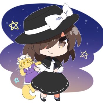 1girl black_capelet black_hat black_skirt book bow brown_eyes buttons capelet cat chibi commentary_request dress full_body hair_over_one_eye hat hat_bow highres holding holding_book long_sleeves looking_at_viewer maribel_hearn mary_janes mob_cap purple_dress ribbon-trimmed_capelet ribbon-trimmed_skirt ribbon_trim rizleting shirt shoes skirt smile socks solo standing star_(sky) touhou usami_renko white_bow white_hat white_shirt white_socks yellow_cat