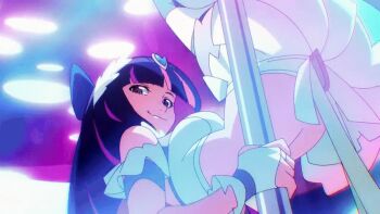 angel angel_girl animated animated_gif anime_screenshot blue_bow blue_hair bow breasts hair_bow large_breasts long_hair looking_at_viewer midriff multicolored_hair open_mouth panty_&amp;_stocking_with_garterbelt pink_hair pole pole_dancing smile socks stocking_(psg) striped_clothes striped_socks stripper_pole two-tone_hair