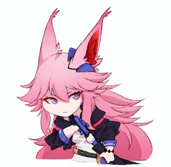 1girl animal_ears animated animated_gif blinking blue_gloves blue_jacket cloud_ya commentary_request fox_ears fox_tail gloves holding holding_sword holding_weapon honkai_(series) honkai_impact_3rd jacket long_hair pink_hair purple_eyes scabbard second-party_source sheath shirt simple_background single_glove slashing solo sword tail very_long_hair weapon white_background white_shirt yae_sakura yae_sakura_(goushinnso_memento)