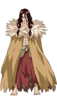 1boy abs barefoot brown_hair cape cloak collarbone dr._stone full_body fur_trim highres iwasa_yuuko long_hair male_focus manly muscular official_art serious shishiou_tsukasa simple_background solo topless_male white_background