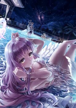 3girls absurdres angel_wings animal_ears bikini black_one-piece_swimsuit blonde_hair blue_archive blush breasts brown_hair cleavage collarbone feathered_wings fox_ears fox_girl frilled_bikini frills halo highres looking_at_another looking_at_viewer low_wings mika_(blue_archive) mika_(swimsuit)_(blue_archive) multiple_girls nagisa_(blue_archive) nagisa_(swimsuit)_(blue_archive) night night_sky official_alternate_costume official_alternate_hairstyle one-piece_swimsuit open_mouth osom9525 outdoors palm_tree pink_hair pink_halo pool seia_(blue_archive) seia_(swimsuit)_(blue_archive) sky swimsuit tree white_bikini white_wings wing_ornament wings yellow_eyes yellow_halo