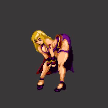 1girl arm_tattoo b._jenet b.jenet backless_dress backless_outfit badly_tagged_upload belt bend bent_over blonde_hair bracelet breasts cleavage dress fatal_fury fatal_fury:_city_of_the_wolves female_focus fingerless_gloves garou:_mark_of_the_wolves gloves gold_bracelet high_heels highres jewelry large_breasts long_hair madd_horner one_eye_closed pixel_art purple_dress shoes smile snk solo source_request tattoo the_king_of_fighters thigh_strap thighs