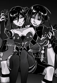 1boy 1girl armor bare_shoulders behind_another belt blunt_ends bodystocking bodysuit bow breasts bridal_gauntlets cape choker collarbone covered_collarbone detached_sleeves elbow_gloves empty_eyes feathers fingernails furisode genshin_impact gloves grey_background greyscale hair_between_eyes hakama hakama_shorts hands_up hetero highleg highleg_leotard highres holding_another&#039;s_wrists japanese_armor japanese_clothes jewelry juban kimono kote legs_together leotard long_hair mandarin_collar medium_breasts middle_ring mona_(genshin_impact) monochrome one_eye_closed open_clothes open_kimono open_mouth oriana0w0 pantyhose pleated_shorts pom_pom_(clothes) ponytail_holder rope sash scaramouche_(genshin_impact) shorts sidelocks signature sitting sitting_between_lap smile split_mouth star_(symbol) star_choker teeth thighlet tsurime twintails wanderer_(genshin_impact) wispy_bangs