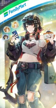 >_< 1girl bag black_hair black_jacket blonde_hair breasts building cellphone cleavage closed_eyes closed_mouth commentary_request convenience_store crop_top denim ellen_joe eyewear_on_head familymart fins fish_tail food glasses guest_art hair_ornament hat highres holding holding_phone horns jacket jeans jewelry long_sleeves lynn_(zenless_zone_zero) medium_breasts midriff monna_(zenless_zone_zero) multicolored_hair nail_polish necklace off_shoulder open_clothes open_jacket outdoors pants phone red_eyes red_hair red_nails ring ruby_(zenless_zone_zero) shark_girl shark_tail sharkboo_(zenless_zone_zero) shirt shop smartphone sunglasses tail tgf_pic torn_clothes torn_jeans torn_pants torn_shirt zenless_zone_zero