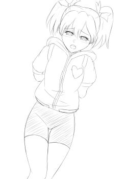 1girl absurdres arms_behind_back bike_shorts breasts gloves highres legs looking_at_viewer monochrome open_mouth saru_getchu sayaka_(saru_getchu) sketch small_breasts solo sony thighs twintails