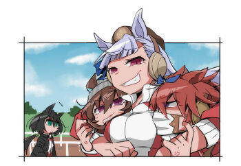 +++ 4girls anger_vein animal_ears arm_around_neck beer_hsk black_hair blue_ribbon blue_sky bow breasts brown_hair brown_hat closed_mouth cloud commentary_request day ear_covers ear_ribbon ears_through_headwear gold_ship_(umamusume) green_eyes grey_hat grin hair_between_eyes hat horse_ears jacket kin'iro_ryotei_(umamusume) large_breasts long_hair low_ponytail mask mini_hat mouth_mask multiple_girls nakayama_festa_(umamusume) orfevre_(old_design)_(umamusume) ponytail purple_eyes red_jacket ribbon sky smile striped_clothes striped_headwear track_jacket trembling umamusume vertical-striped_clothes vertical-striped_headwear very_long_hair