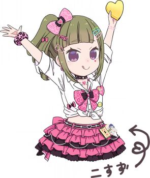 Rule 34 | 1girl, :q, animal print, arms up, arrow (symbol), black choker, bow, bowtie, box, brown hair, cellphone, ceras yanagida lilienfeld, character charm, character name, charm (object), choker, collarbone, collared shirt, cropped legs, facial mark, flip phone, frilled skirt, frills, game cg, gift, gyaru, hair bow, hair ornament, hairclip, heart, heart-shaped box, heart choker, heart facial mark, heart hair ornament, heisei gals!!!! (love live!), holding, holding gift, kachimachi kosuzu, kogal, leopard print, link! like! love live!, loose bowtie, love live!, midriff, miniskirt, mizuki maya, murano sayaka, non-web source, official art, open collar, osawa rurino, parallel hairclips, phone, pink bow, pink bowtie, pink eyes, pink skirt, print bow, print bowtie, school uniform, self-datamine, shirt, side ponytail, simple background, skirt, solo, tied shirt, tongue, tongue out, translated, transparent background, virtual youtuber, white shirt