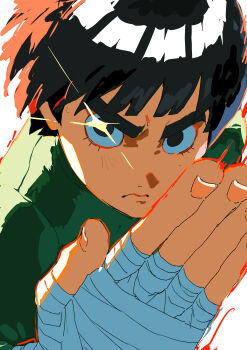 Rule 34 | 1boy, 333takoyaki, absurdres, bandaged hand, bandages, black eyes, black hair, blunt ends, closed mouth, commentary request, dutch angle, frown, green shirt, highres, lower eyelashes only, male focus, naruto (series), rock lee, sanpaku, shirt, short hair, solo, thick eyebrows, upper body, v-shaped eyebrows, white background
