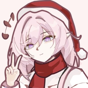 Rule 34 | 1girl, christmas, commentary, diamond-shaped pupils, diamond (shape), elf, elysia (herrscher of human: ego) (honkai impact), elysia (honkai impact), eone, hat, highres, honkai (series), honkai impact 3rd, long hair, looking at viewer, pink hair, pointy ears, portrait, purple eyes, red hat, red scarf, santa hat, scarf, simple background, smile, solo, symbol-only commentary, symbol-shaped pupils, v, very long hair