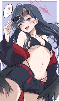 1girl artist_name belt bikini bikini_bottom_under_shorts bikini_under_clothes black_bikini black_hair black_jacket black_shorts black_wings blue_archive blue_background blue_eyes blush commentary cowboy_shot eyewear_on_head feathered_wings front-tie_bikini_top front-tie_top hair_between_eyes halo heart highres ichika_(blue_archive) ichika_(swimsuit)_(blue_archive) inset_border jacket jacket_partially_removed long_hair long_sleeves low_wings navel official_alternate_costume one_eye_closed red_belt red_halo red_jacket short_shorts shorts side-tie_bikini_bottom solo speech_bubble stomach string_bikini swimsuit tongue tongue_out toshino_niko two-sided_fabric two-sided_jacket unusually_open_eyes unzipped wings