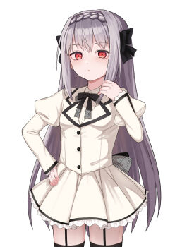1girl black_bow black_bowtie black_thighhighs bow bowtie braid breasts cowboy_shot crown_braid dress frilled_dress frilled_sleeves frills grey_hair hair_bow highres juliet_sleeves long_hair long_sleeves looking_at_viewer puffy_sleeves red_eyes sakurakouji_luna short_dress simple_background small_breasts solo taji_(crowview) thighhighs tsuki_ni_yorisou_otome_no_sahou very_long_hair white_background