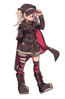 1girl absurdres arm_behind_back black_boots black_hat black_jacket black_thighhighs blonde_hair boots closed_mouth dark-skinned_female dark_skin fang hat highres jacket looking_at_viewer matsukai_mao matsukai_mao_(2nd_costume) nal_(naru-1) nijisanji official_alternate_costume red_eyes red_thighhighs skin_fang smile solo striped_clothes striped_thighhighs thighhighs twintails virtual_youtuber white_background