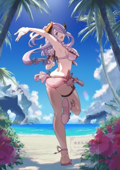 bare_shoulders beach belt bikini black_ribbon blue_eyes blue_sky blush braid breasts bug butterfly butterfly_brooch cleavage commentary_request demon_horns draph fish flower flying_fish frills full_body granblue_fantasy hair_ornament hairclip happy highres horns insect large_breasts large_horns long_hair looking_back narmaya_(granblue_fantasy) narmaya_(summer)_(granblue_fantasy) ocean one_eye_covered open_mouth pink_bikini pink_hair red_flower ribbon sandals sideboob sky smile standing sunlight swimsuit thigh_belt thigh_strap tugeyakumo