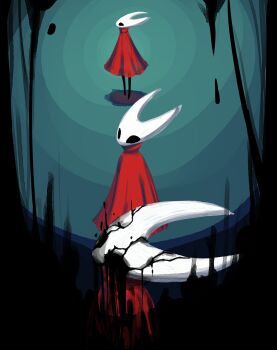 absurdres arthropod_girl black_eyes black_skin boopie cloak colored_skin commentary darkness english_commentary highres hollow_eyes hollow_knight horned_mask hornet_(hollow_knight) horns looking_at_viewer mask multiple_views possessed red_cloak white_mask