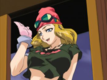 1girl :d angel_blade beanie blonde_hair blue_eyes bracelet breasts clothes_writing cloud cloudy_sky crop_top door doorway gem glasses glasses_on_head gloves grin hat highres hishizaki_shaia_(angel_blade) huge_filesize jewelry large_breasts long_hair necklace night oobari_masami open_mouth resized ryona salute screencap shiny_skin shirt sidelocks sky smile t-shirt taut_clothes taut_shirt upscaled upshorts