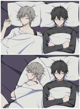 2boys bed bed_sheet blanket brown_hair dan_heng_(honkai:_star_rail) closed_eyes facial_mark grey_hair highres honkai:_star_rail honkai_(series) long_sleeves lying marking_on_cheek moyu_youyin multiple_boys on_back on_side pillow sharing short_sleeves sleeping trailblazer_(honkai:_star_rail) caelus_(honkai:_star_rail) yaoi