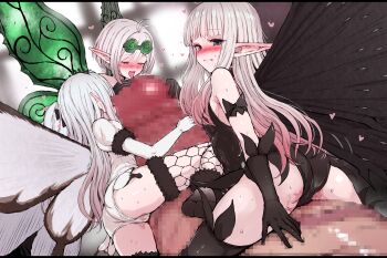 Rule 34 | 1boy, 3girls, absurdres, airy (bravely default), anne (bravely second), antenna hair, ass, black gloves, black hair, black leotard, black thighhighs, black wings, blue eyes, boots, bravely default: fairy's effect, bravely default: flying fairy, bravely default (series), bravely second: end layer, breasts, butterfly wings, censored, closed eyes, coke-bottle glasses, commission, commissioner upload, elbow gloves, erection, fairy, fairy wings, glasses, gloves, green wings, gulp5959, heart, highres, hug, humping, insect wings, koonago, leotard, licking, looking at viewer, looking back, mini person, minigirl, mosaic censoring, multiple girls, naughty face, open mouth, oral, penis, penis hug, pointy ears, pussy juice, pussyjob, rinne (bravely default), short hair, size difference, skeb commission, small breasts, smile, straddling, sweat, thigh boots, thighhighs, thighs, tongue, tongue out, wet, wet clothes, wet leotard, white gloves, white hair, white leotard, white wings, wings