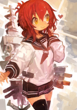 1girl absurdres black_sailor_collar black_skirt black_thighhighs commentary folded_ponytail heart highres inazuma_(kancolle) kaamin_(mariarose753) kantai_collection long_sleeves neckerchief pleated_skirt ponytail red_hair red_neckerchief rigging sailor_collar school_uniform serafuku skirt smile solo thighhighs yellow_eyes